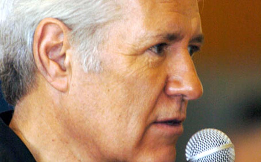 TV Game show host Alex Trebek talks to 4th, 5th, and 6th graders from Atsugi Air Facility as part of his USO Tour on Wednesday. Trebek signed autographs, answered questions and posed for photos after speaking to the children.