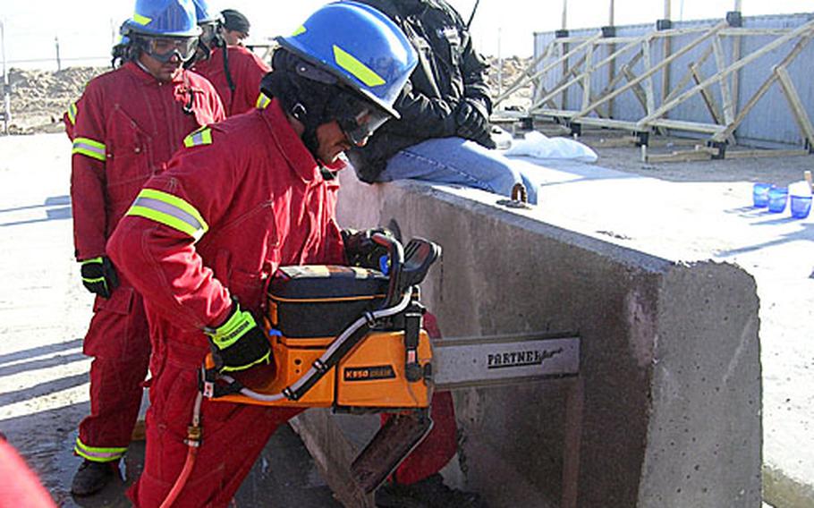 Iraqi firefighters learn how to bore through concrete to rescue people from collapsed buildings.