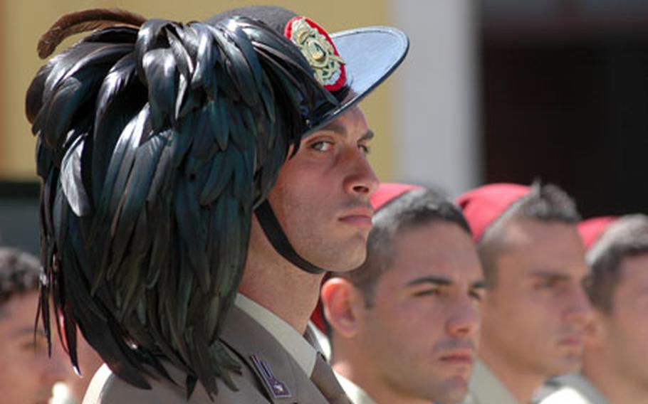 A hat adorned with rooster feathers is the symbol of a Bersaglieri Brigade soldier.