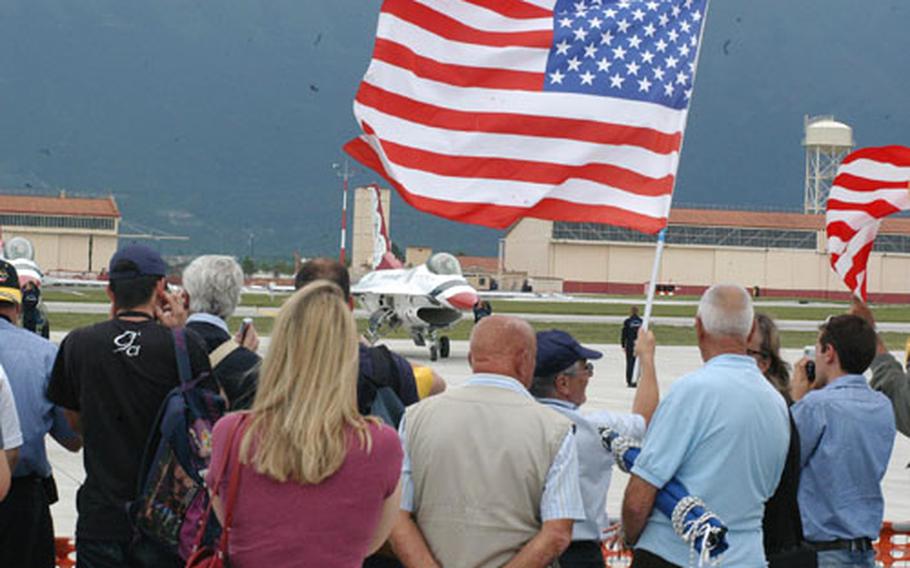 Thousands of Americans and Italians gathered Wednesday to watch the Thunderbirds perform over Aviano Air Base. The six F-16s spent a little less than an hour in the sky, entertaining spectators with a series of aerial maneuvers.