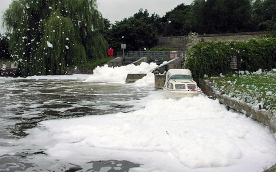 Firefighting foam on the River Thames last week. A foam spill at nearby RAF Fairford killed hundreds of fish and prompted a warning by the British Environment Agency that it may cause health problems. The foam was first reported early Thursday at a brook near the town of Fairford.