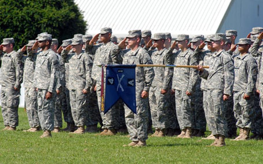 Company A, 1st Battalion, 4th Infantry Regiment soldiers parade at a farewell ceremony on Monday. The company is heading to Afghanistan for a six-month mission as part of Operation Enduring Freedom.
