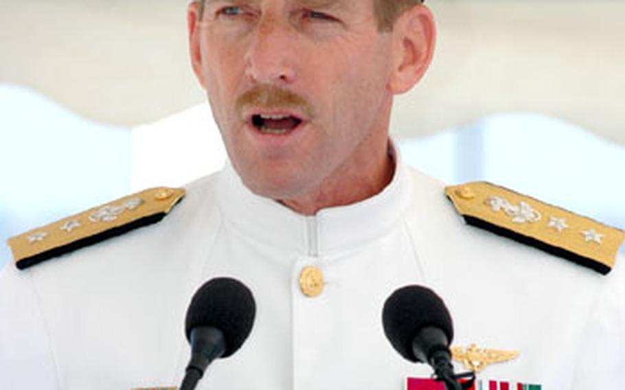 Rear Adm. Noel Preston, the former commander of Navy Region Europe and Maritime Air Naples, speaks Thursday at his change-of-command ceremony. After two years in Naples, Italy, Preston leaves to serve for a few months as deputy chief of Navy Reserve for Commander, Navy Reserve Force in Arlington, Va.