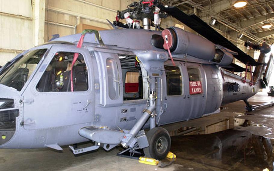 The blades of this 10 HH-60G Pave Hawks are folded back and locked down in preperation for 33rd Rescue Squadron&#39;s upcoming deployment to Afghanistan. With the blades folded in, two Pave Hawks can be loaded in to a C-17 or three can be loaded in to a C-5.