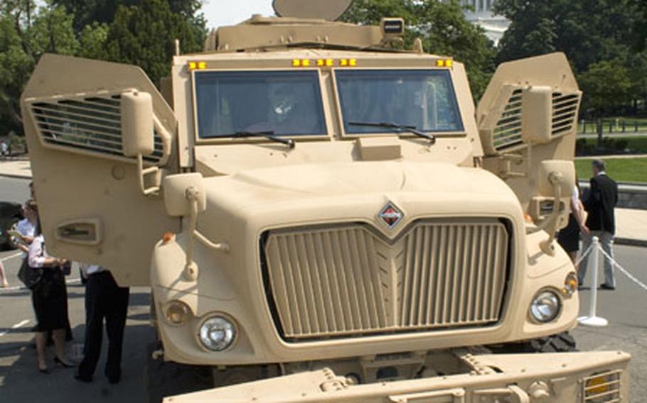International&#39;s MaxxPro Mine Resistant Ambush Protected vehicle is displayed on Capitol Hill Thursday.