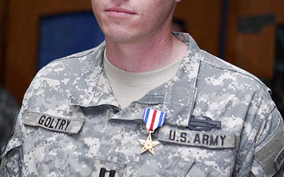 Capt. Brennan Goltry, of 2nd Battalion, 505th Parachute Infantry Regiment, 82nd Airborne Division, was awarded the Silver Star, two Purple Hearts, and the Combat Infantryman Badge during a ceremony July 31 at Patrol Base Olson in Samarra, Iraq.