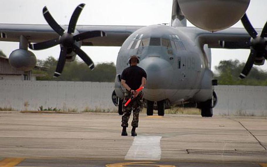 Two more C130 flights left Utapao Air Base in Thailand for Myanmar&#39;s Yangon city. Tuesday&#39;s flights carried about 45,000 pounds of water, mosquito netting, blankets and plastic sheeting for Cyclone Nargis victims, bringing the total to 72, 650 pounds of supplies.