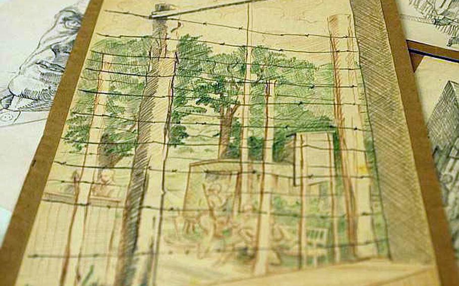 Summer in the prison camp? One of some 60 sketches and drawings by Rudolf Menge showing his time at a camp.