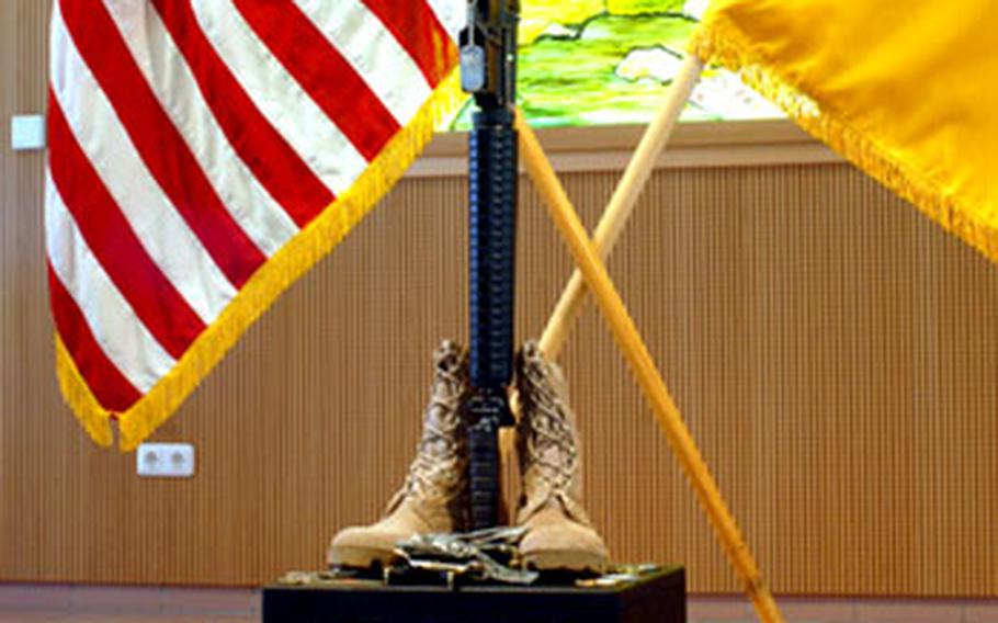 A memorial ceremony was held Friday at Vilseck&#39;s Rose Barracks Chapel for Company C, 1st Squadron, 2nd Stryker Cavalry Regiment soldier Cpl. Justin R. Mixon, 22, of Bogalusa, La., who died June 1 in Baghdad Iraq.