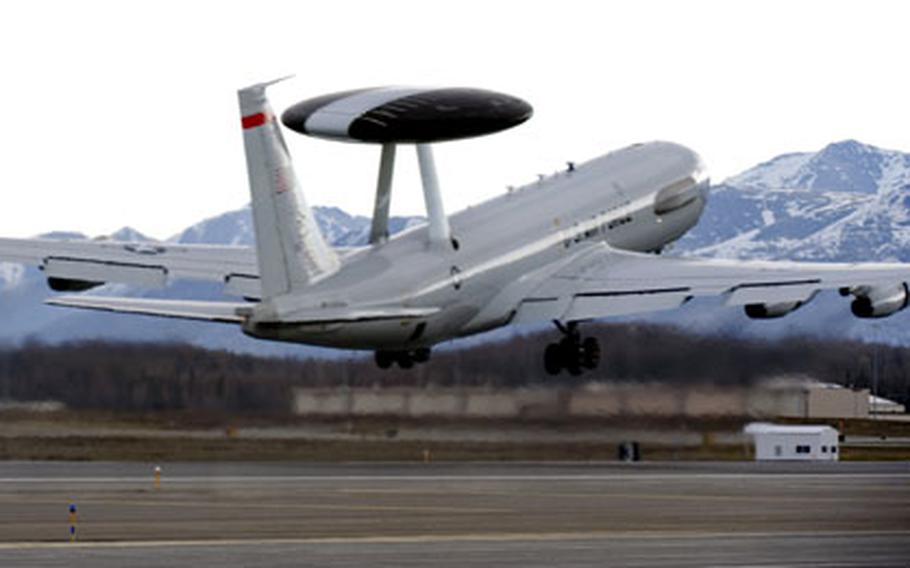 An E-3 Airborne Warning and Control System from 961st Airborne Air Control Squadron from Kadena Air Base takes off from Elmendorf Air Force Base, Alaska, last month. The aircraft was participating in the Northern Edge exercise.