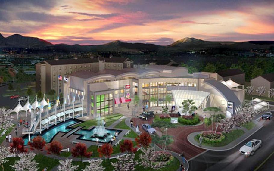 An artist’s rendering of the Food, Beverage and Entertainment Complex planned for Camp Humphreys in South Korea under a proposed master plan.