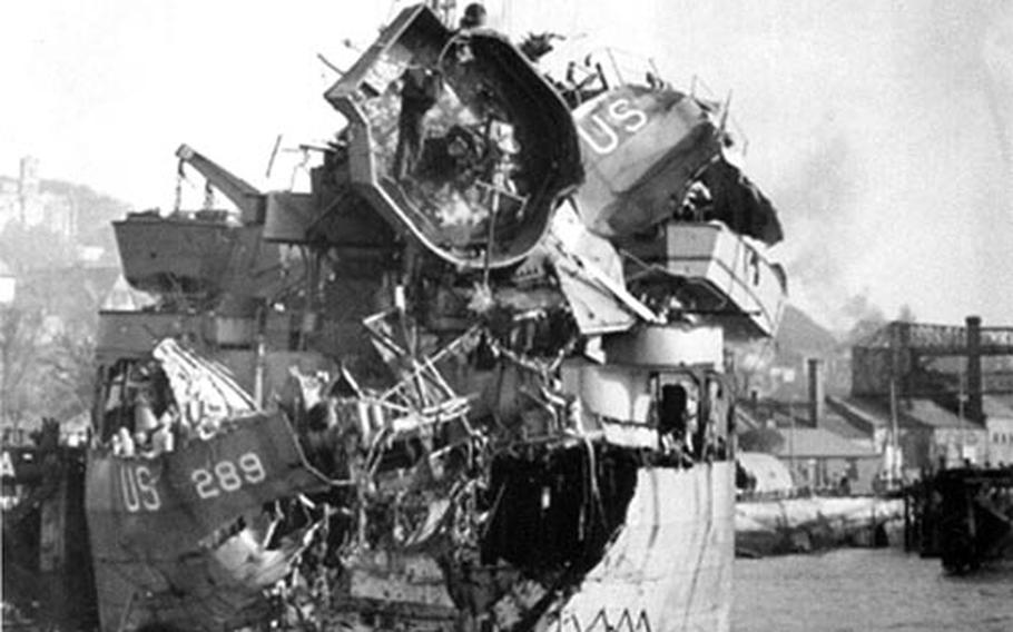 LST 289 showed serious battle scars after its run-in with German patrol boats during Exercise Tiger off the British coast in April 1944.