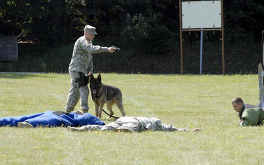 Sgt. Andrew Lowery of Grafenwöhr, Germany&#39;s 615th Military Police Company, instructs a felony “suspect” to crawl into position while Ceno, Lowery’s military working dog, keeps an eye on two other “suspects.”