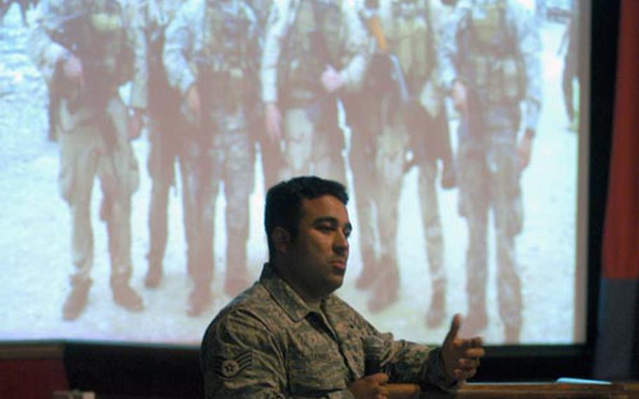 Staff Sgt. Robert Gutierrez, of the 321st Special Tactics Squadron, on Wednesday discusses a mission he participated in while deployed to northeastern Afghanistan.