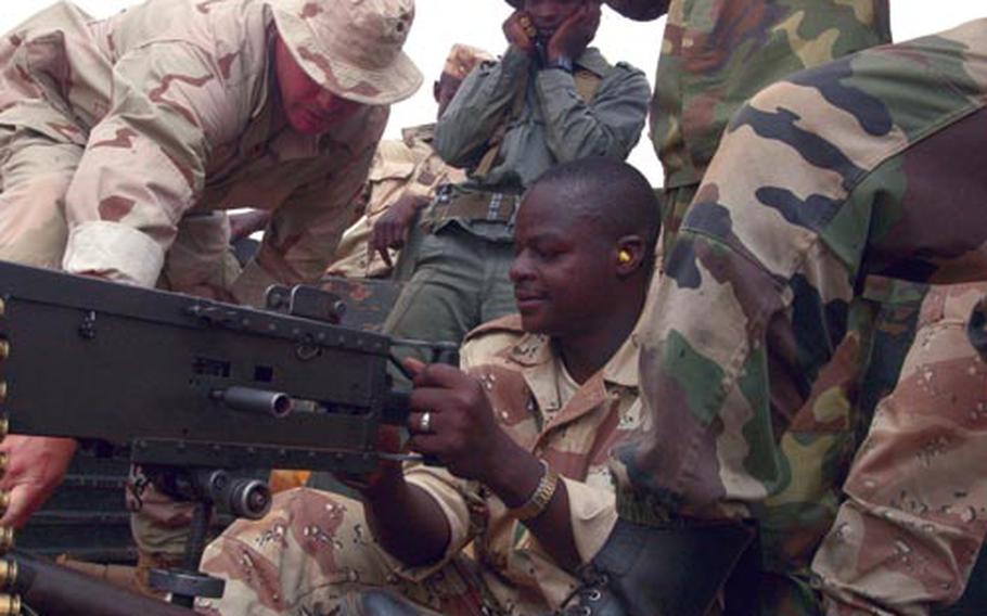 A soldier with 20th Special Forces Group works with Nigerien soldiers on firing a .50-caliber machine gun during military to military training in Tahoua, Niger, in June 2005. Niger is one of nine countries that falls under Operation Enduring Freedom Trans-Sahara, an anti-terrorism program to be taken over by the new U.S. Africa Command.