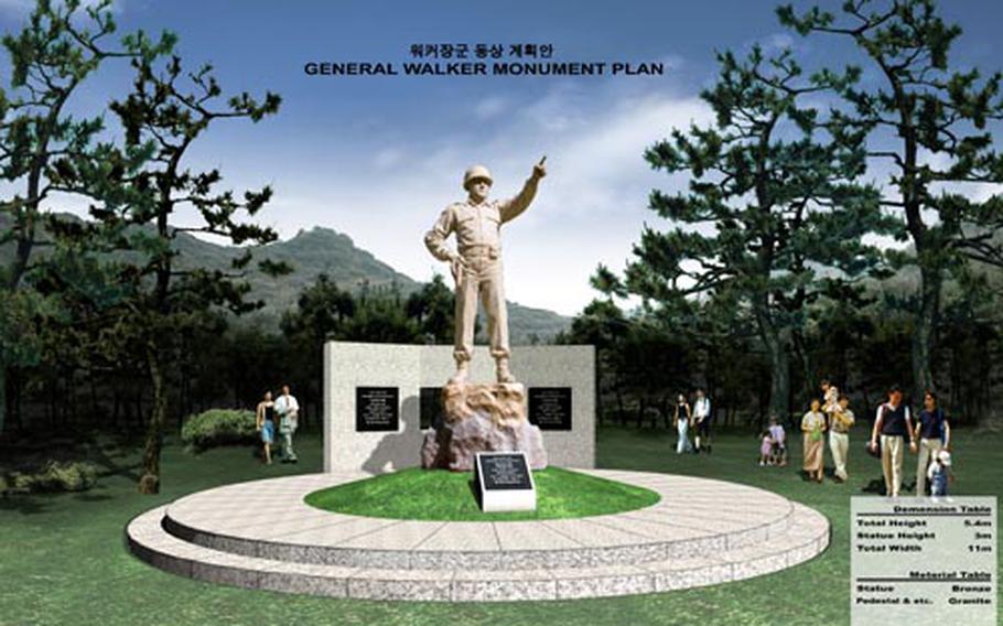 An artist&#39;s rendering of a planned statue of Lt. Gen. Walton Walker. The Korea America Friendship Association plans to erect the statue at U.S. Army Garrison-Yongsan in December, after being turned down by two other sites in South Korea.