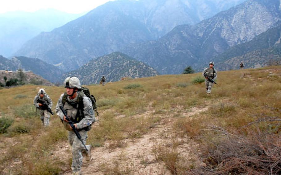 Soldiers from 1st Platoon, Troop C, 6th Squadron, 4th Cavalry Regiment, patrol in northeastern Konar province. Commanders say they lack the troops to provide more than a fleeting presence in many parts of eastern Afghanistan, and with villages scattered across a rough, mountainous geography, searching for insurgents is difficult.