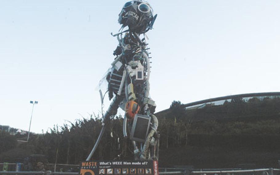 The 50-foot "WEEE" man was made from recycled household appliances.