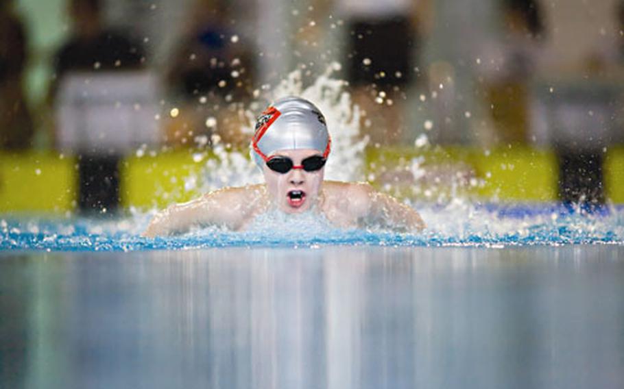 Lakenheath elementary student Dominic Scifo, 9, swims his way toward setting a record in the 200-meter individual medley this month at the European Forces Swim League Championships in Berlin. Dominic set three records at the championships.