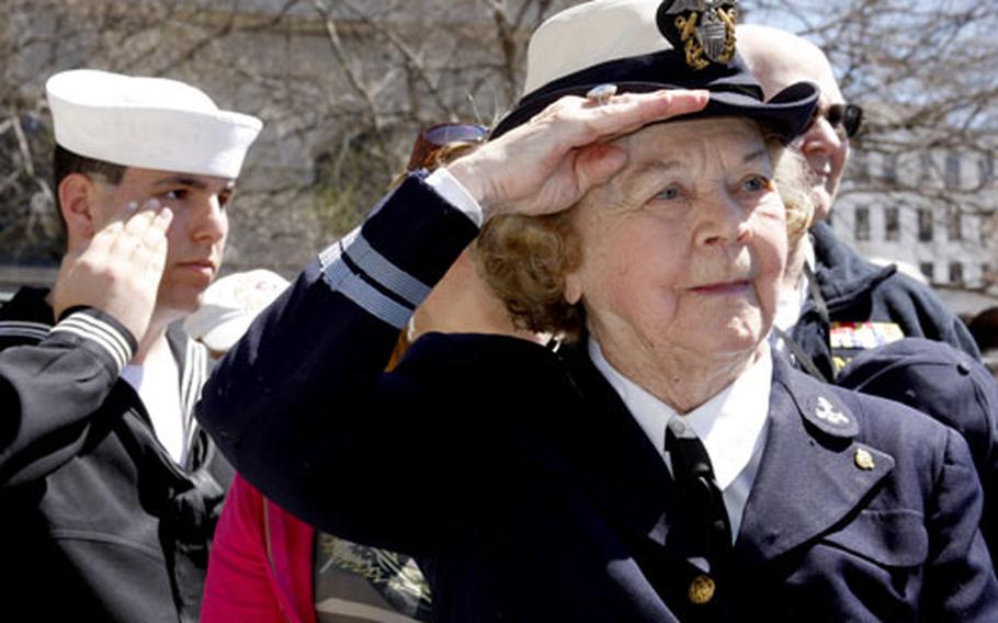 Ruthanna Weber, a 94-year-old World War II veteran from Maryland, salutes during the Blessing of the Fleets Saturday at the U.S. Navy Memorial. For more photos and a video, see the links at the top of the story.