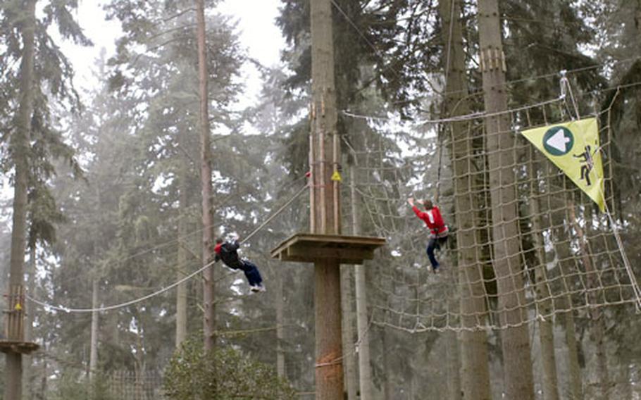Zip lines let thrill-seekers swing from tree to tree while dangling more than 30 feet above the ground.