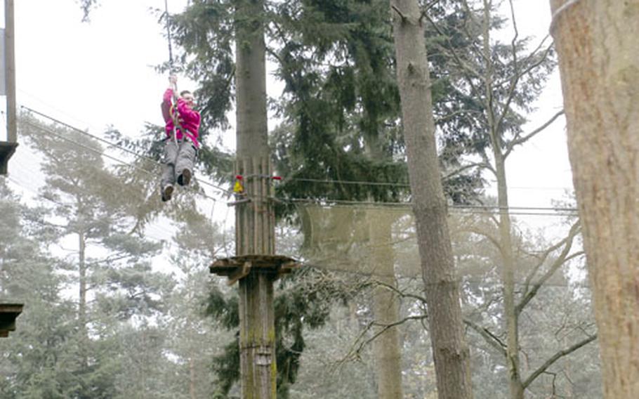 People can swing through the trees at Go Ape in Thetford Forest. The adventure park has myriad obstacles for participants to traverse, from zipping down wires into nets to crawling through wobbly tunnels in the treetops and traversing wooden plank bridges.