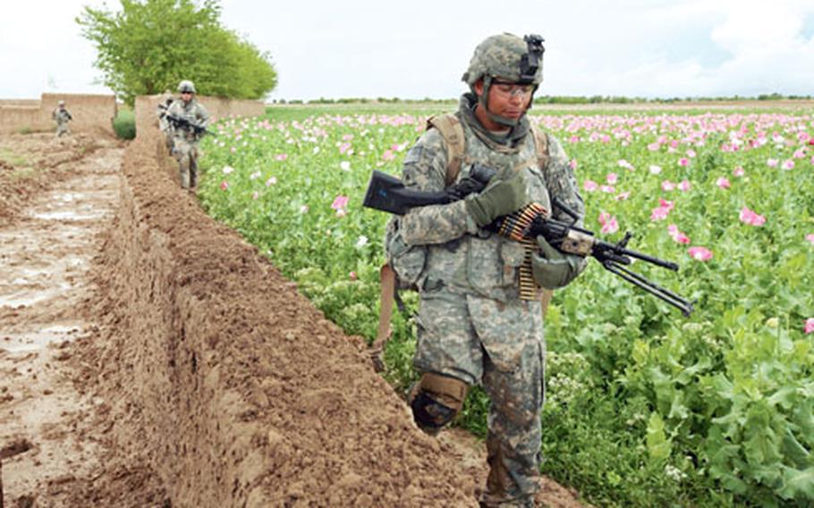 Ronny Hunt, 27, of St. Pauls, N.C., and other soldiers from 3rd Platoon, Commanche Company, 2nd Battalion, 2nd Infantry Regiment patrol Sunday through an opium poppy field in the village of Mazar’eh in Maiwand district, Kandahar province, Afghanistan. The Taliban is estimated to skim at least $100 million a year from the opium trade.