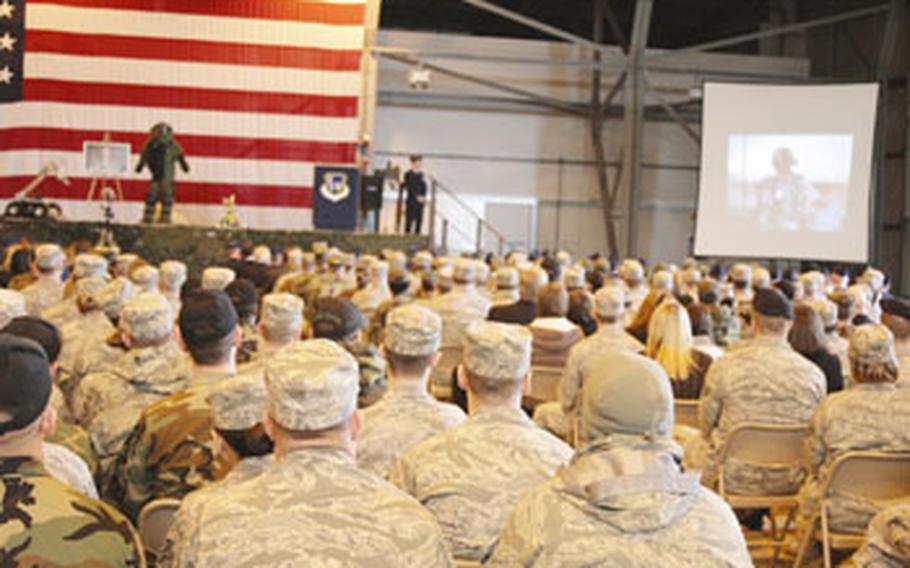 Hundreds of airmen, civilians, friends and family members of Staff Sgt. Phillip Myers attend a memorial service in his honor last week at RAF Lakenheath.
