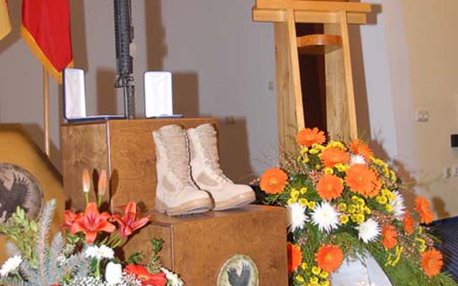 A memorial at the Grafenwöhr, Germany, community chapel Tueday for Spc. Israel Candelaria Mejias, who died April 5 near Baghdad of wounds sustained when a mine detonated near him.