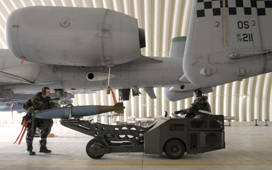 At Osan Air Base in South Korea last month, airmen unload munitions from an A-10 Thunderbolt II attack plane during a training exercise held to prepare for a major Pacific Air Forces operational readiness inspection set to start Monday or earlier for Osan’s 51st Fighter Wing and the 8th Fighter Wing at Kunsan Air Base.