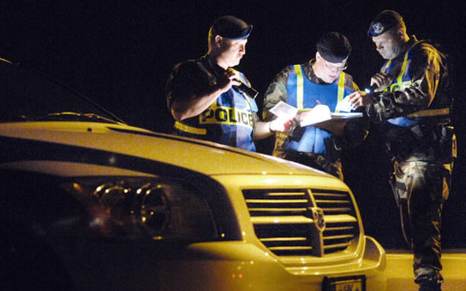 Werner Pfirrmann, Tech. Sgt. Zeb Handeland and Matthias Keiser, all from the 435th Security Forces Squadron, check IDs at a DUI checkpoint just outside Ramstein Air Base’s west gate in 2007. The number of DUIs at military communities in Europe has dropped dramatically in recent years.