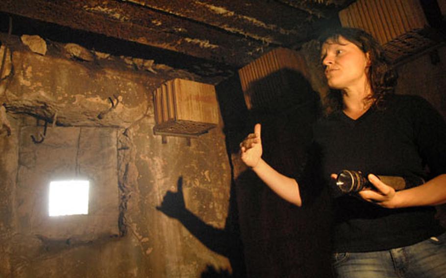 Dr. Claudia Weber, an environmental engineer for the U.S. Army Garrison Kaiserslautern, explains to visitors a modified bunker used as a winter getaway for bats Wednesday in Miesau. Weber, in conjunction with the German forest department, is creating habitats for bats that find themselves on the endangered or threatened species list.