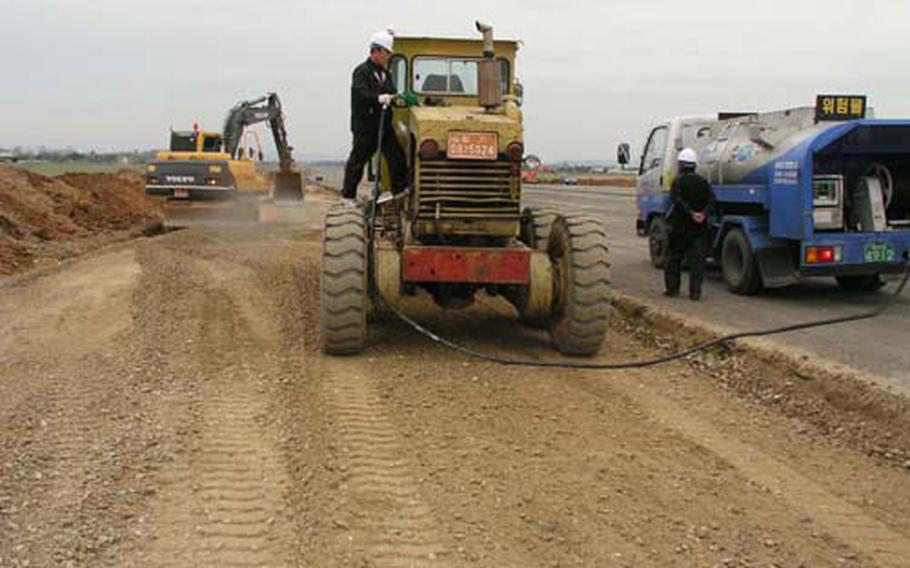 At Camp Humphreys in South Korea Friday, work is underway to make major improvements at Desiderio Army Airfield. The work, to be completed in late May, includes repaving of a portion of the runway and installation of a fire hydrant system, among other upgrades.