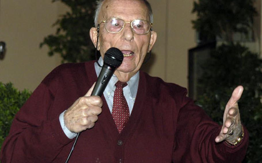 Bob Behr, a Holocaust survivor and former U.S. Army soldier, talks to a group at the U.S. Army Garrison, Stuttgart about his experiences in Germany during World War II. Behr was forced to work at labor camp during the war, but managed to survive. Today, he volunteers at the United States Holocaust Memorial Museum in Washington.