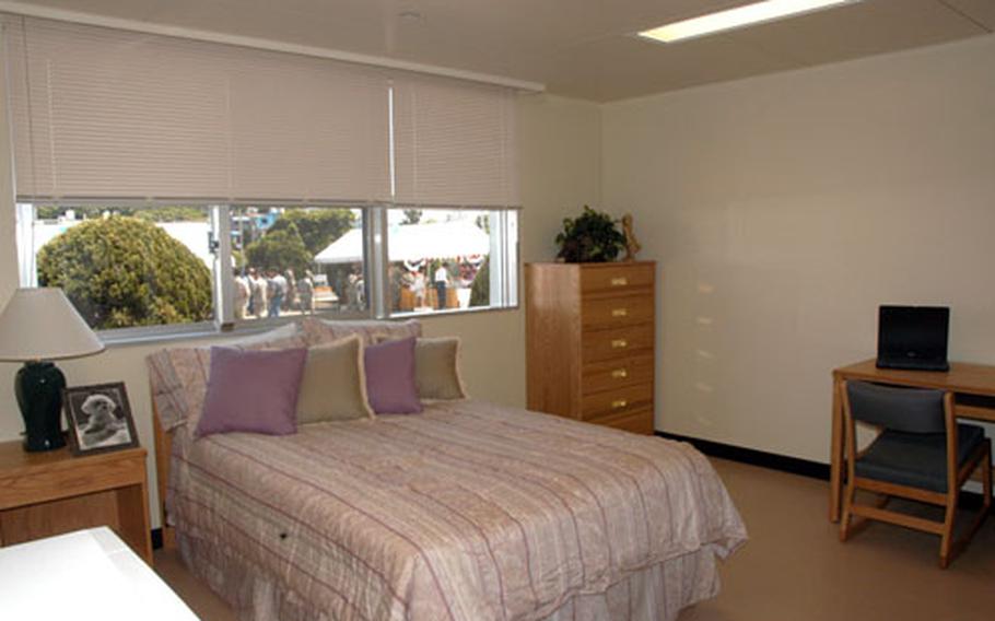 A furnished room inside the newly remodeled Embree-Bell Hall barracks at Fort Buckner on Okinawa, Japan. The barracks opened Wednesday after spending $4 million for renovations. The barracks will house 56 soldiers from the 58th Signal Battalion – each living in their own room.