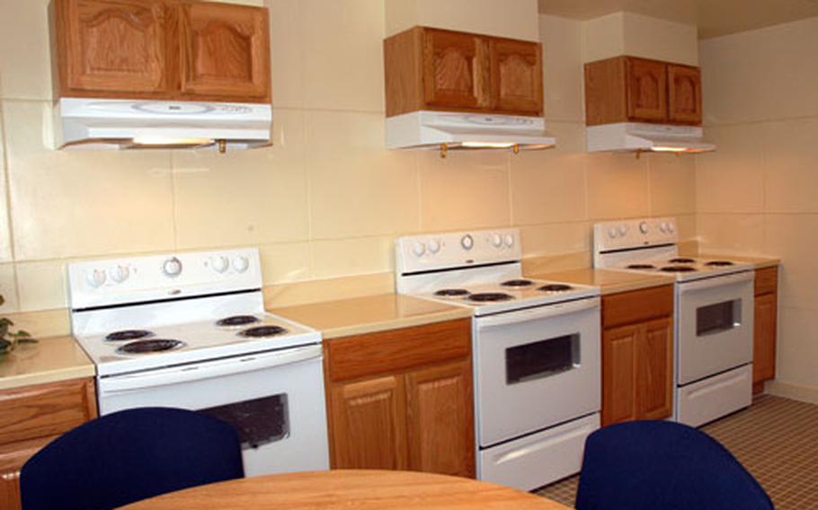 A glimpse of the full kitchen inside the Embree-Bell Hall barracks at Fort Buckner. Soldiers will start moving into the remodeled barracks next week.