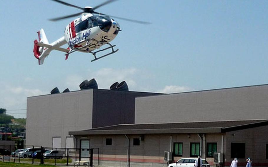 "Doctor Helo" lands at Hachinohe City Hospital, near Misawa Air Base, Japan.