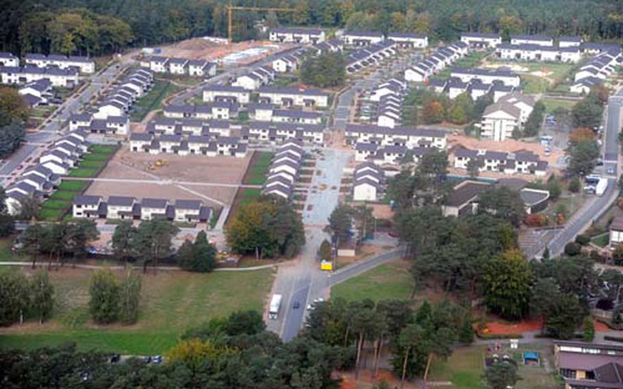 An aerial view of the Ramstein Air Base family housing area in early October. The four houses at lower left were recently finished and families will started moving in the days before Thanksgiving. Many new houses have been built, and more are under construction as Ramstein replaces multiple stairwell houses with townhouses.