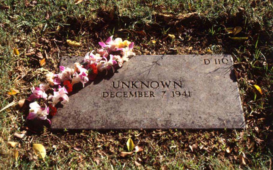 The grave of an unknown Pearl Harbor victim at the U.S. Military Cemetery.