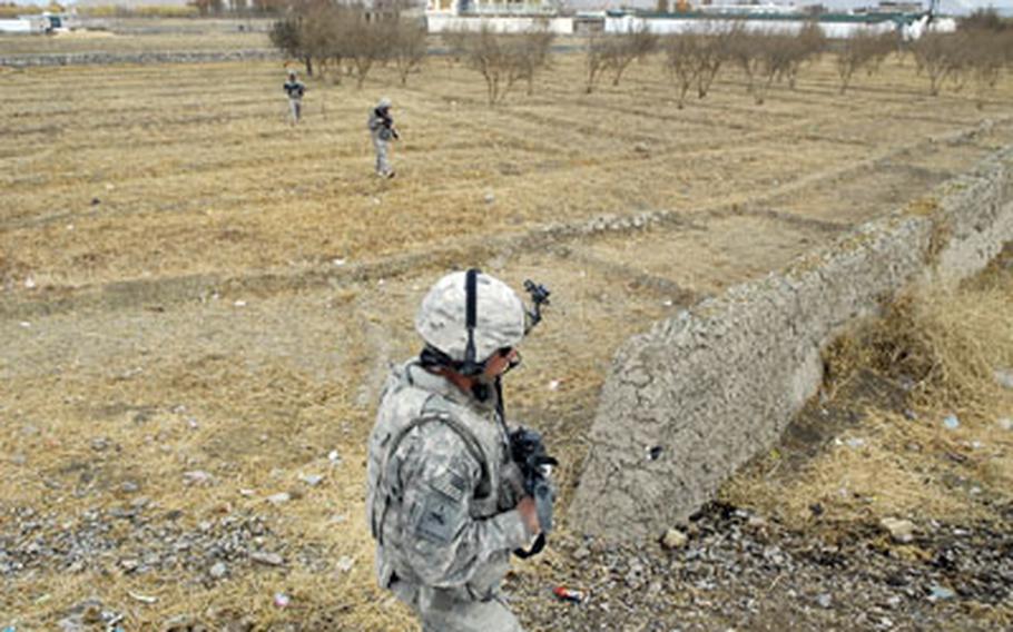 Looking for explosives, soldiers with the 4th Engineer Battalion inspect an orchard near Kandahar, Afghanistan.