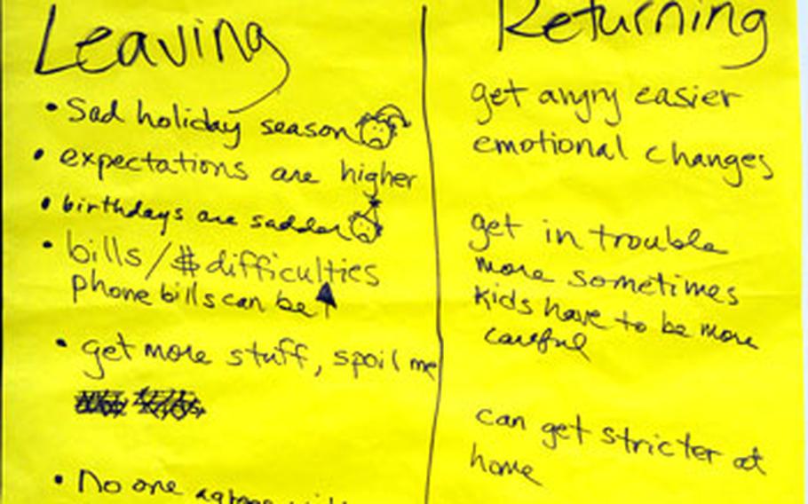 A chart in the classroom displays some of the issues students brought up concerning a parent&#39;s deployment.