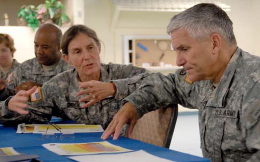 U.S. Army Brig. Gen. Rhonda Cornum, director of the Comprehensive Soldier Fitness program, discusses the program with Gen. George Casey, Army chief of staff, during a recent visit to Fort Jackson, S.C.