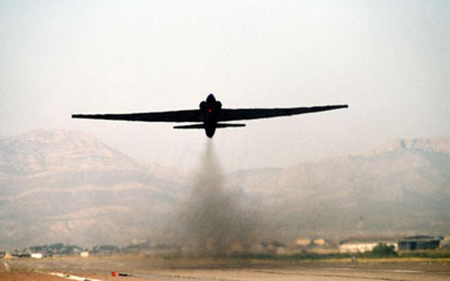 A 9th Strategic Reconnaissance Wing U-2 aircraft takes off in 1981.