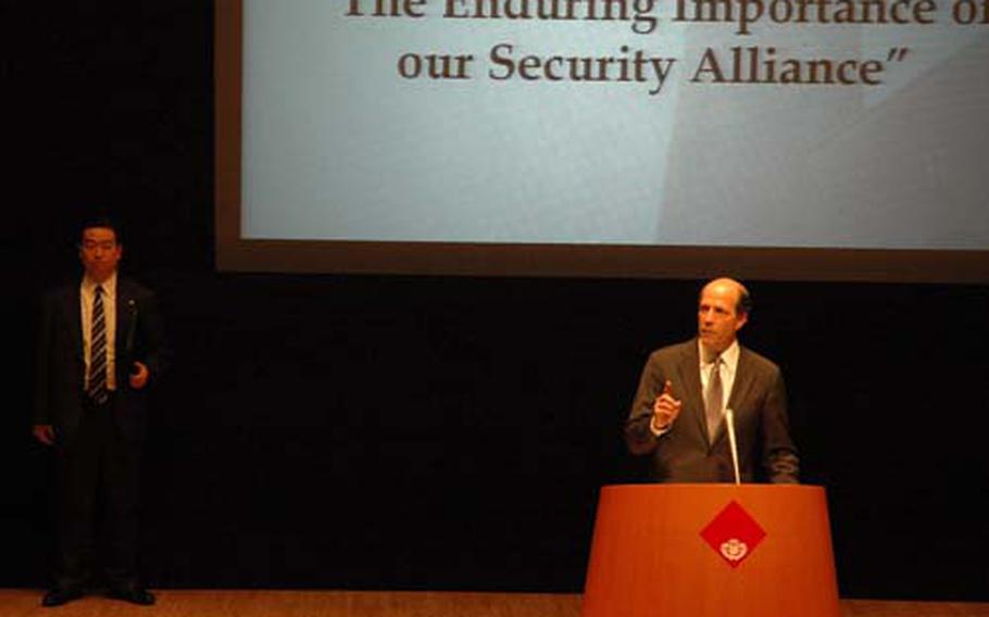 Ambassador John Roos speaks Friday at Waseda University in Tokyo, where he made a case for the importance of the U.S.-Japan security alliance as the core of security in the region. “Make no mistake about it – the stakes are high,” Roos said before the packed auditorium in the school’s International Conference Center. “Our alliance is the critical stabilizing force in this area of the world.”