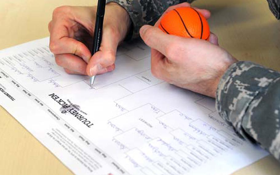 Millions of Americans are scrambling to fill out their NCAA tournament office pool brackets, but the Department of Defense says office pools are not authorized or permitted, because DOD employees are prohibited from gambling while on federally owned or leased property or while on duty.