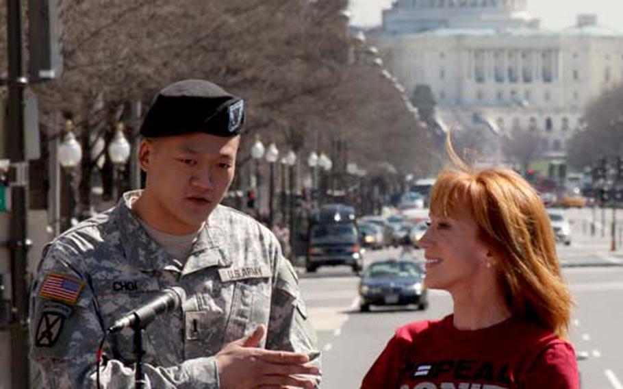 Comedienne Kathy Griffin and Army 1st Lt. Dan Choi speak at a Washington, D.C. rally Thursday to repeal the military’s ban on openly gay servicemembers. New York Army National Guard officials have recommended that Choi be discharged under the “don’t ask, don’t tell” law.