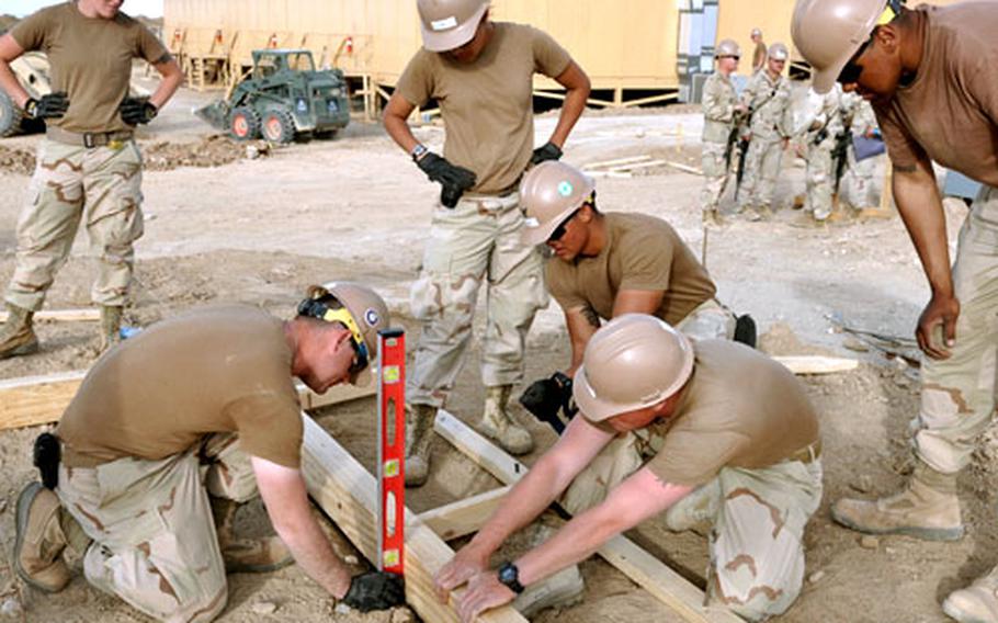Navy Seabees with Naval Mobile Construction Battalion 4 build the frame for a concrete floor for a new tactical operations center at Forward Operating Base Sharana in Paktika province, Afghanistan, on March 15. The construction is part of a massive building effort to support the surge of troops ordered in December by President Barack Obama.
