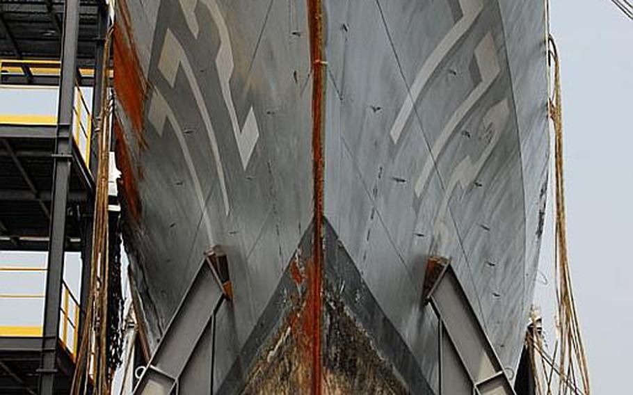  The bow of the Cheonan rests at South Korea's 2nd Fleet Command in Pyeongtaek Harbor in May 2010. The Cheonan split in two and sank on March 26, 2010, after an explosion that South Korea is expected to announce was caused by a North Korean torpedo.