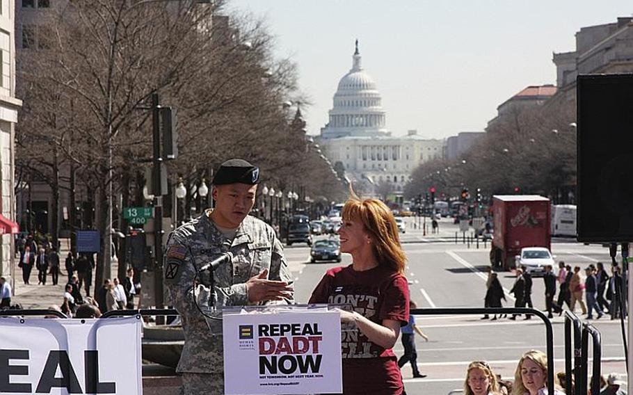 Comedian Kathy Griffin and Army Lt. Dan Choi, an openly gay soldier who has yet to be formally discharged, attend a rally in Washington in March calling for the repeal of the military's 'don't ask, don't tell' law.