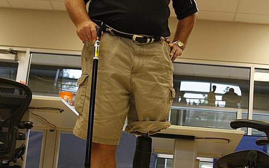 Vietnam veteran John Loosen, who lost his leg in a mortar attack in 1968, shows off his new X2 prosthetic leg at Walter Reed Army Medical Center on Wednesday. Loosen is the first Vietnam veteran to receive the high-tech device through a new pilot program designed to get state-of-the-art technology to older veterans.